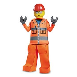 Kids Deluxe Lego Halloween Costumes Orange Construction Worker size Medium 7-8